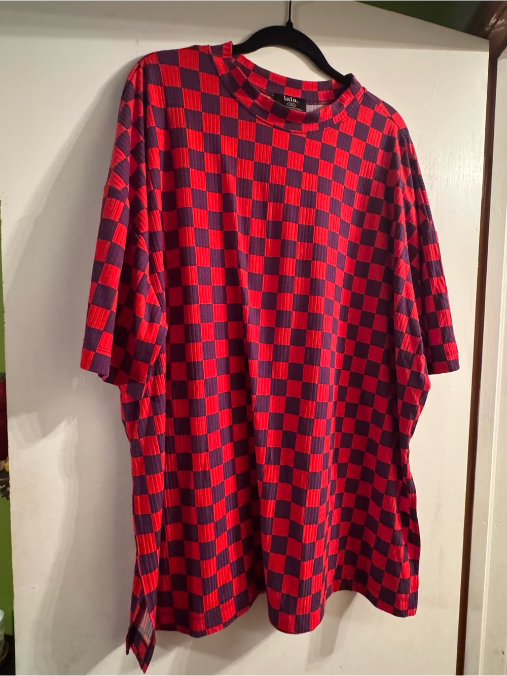 Dressed in LALA Red and Navy Checkerboard Short Sleeve Top
